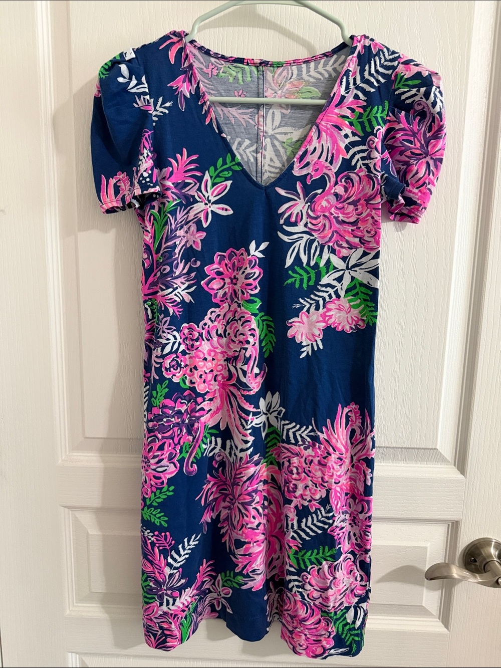Lilly Pulitzer Navy Floral V-Neck Dress with Pink & Green Accents